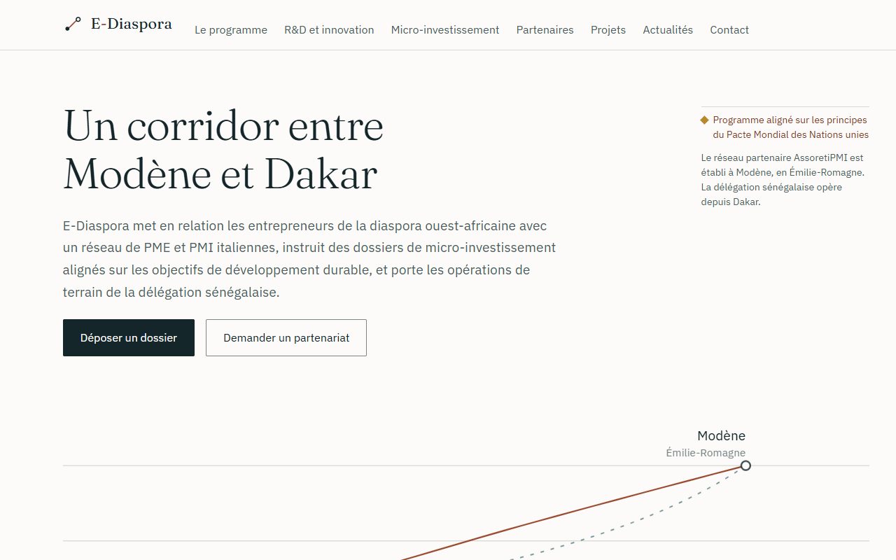 Page d'accueil du site E-Diaspora sur ordinateur